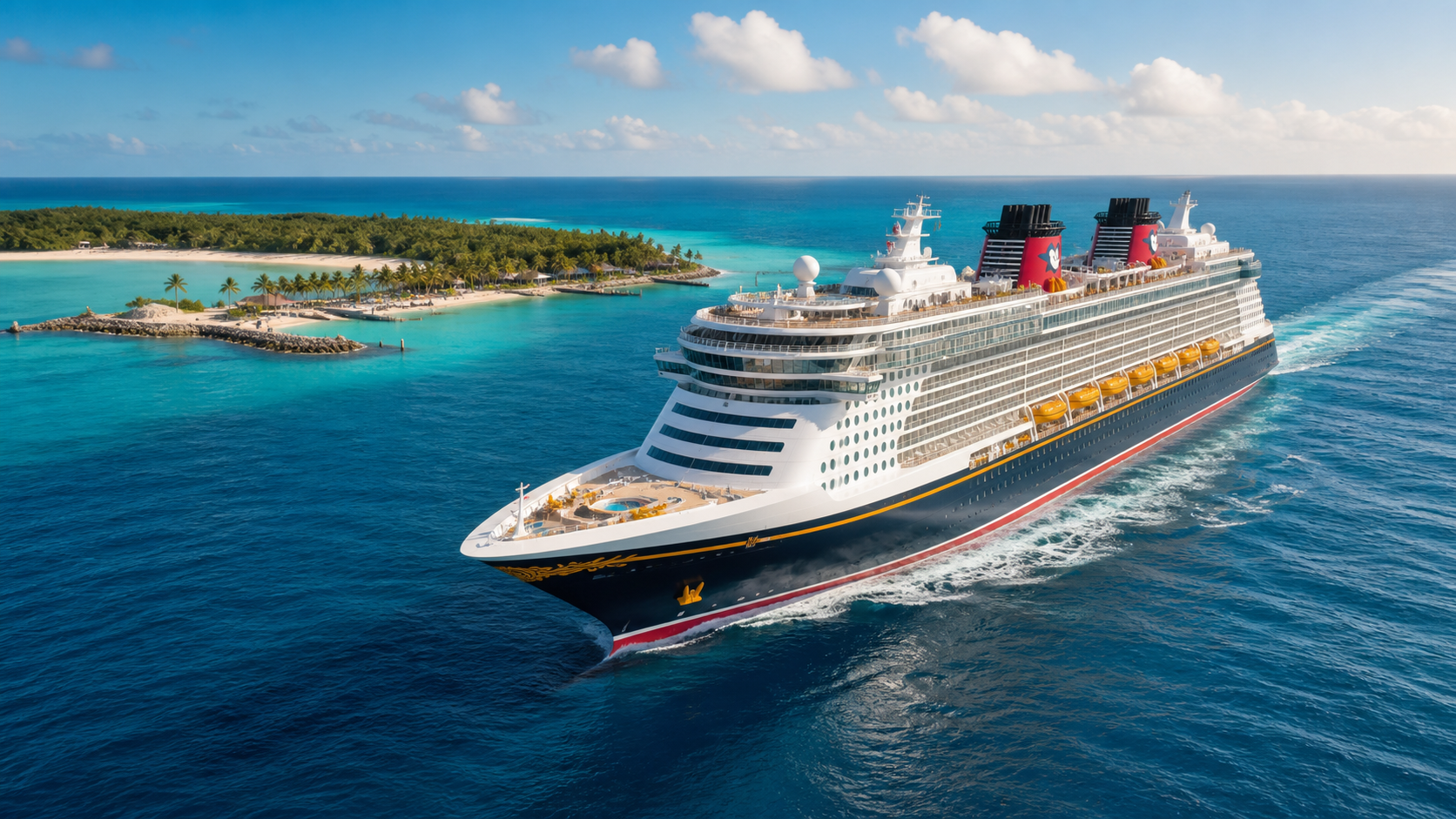 Disney Cruise Line ship sailing across bright blue tropical water