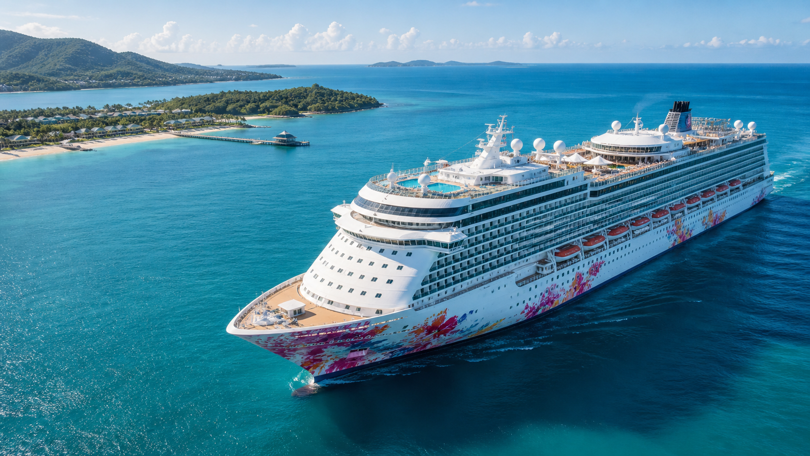 Genting StarDream cruise ship sailing beside a tropical coastline