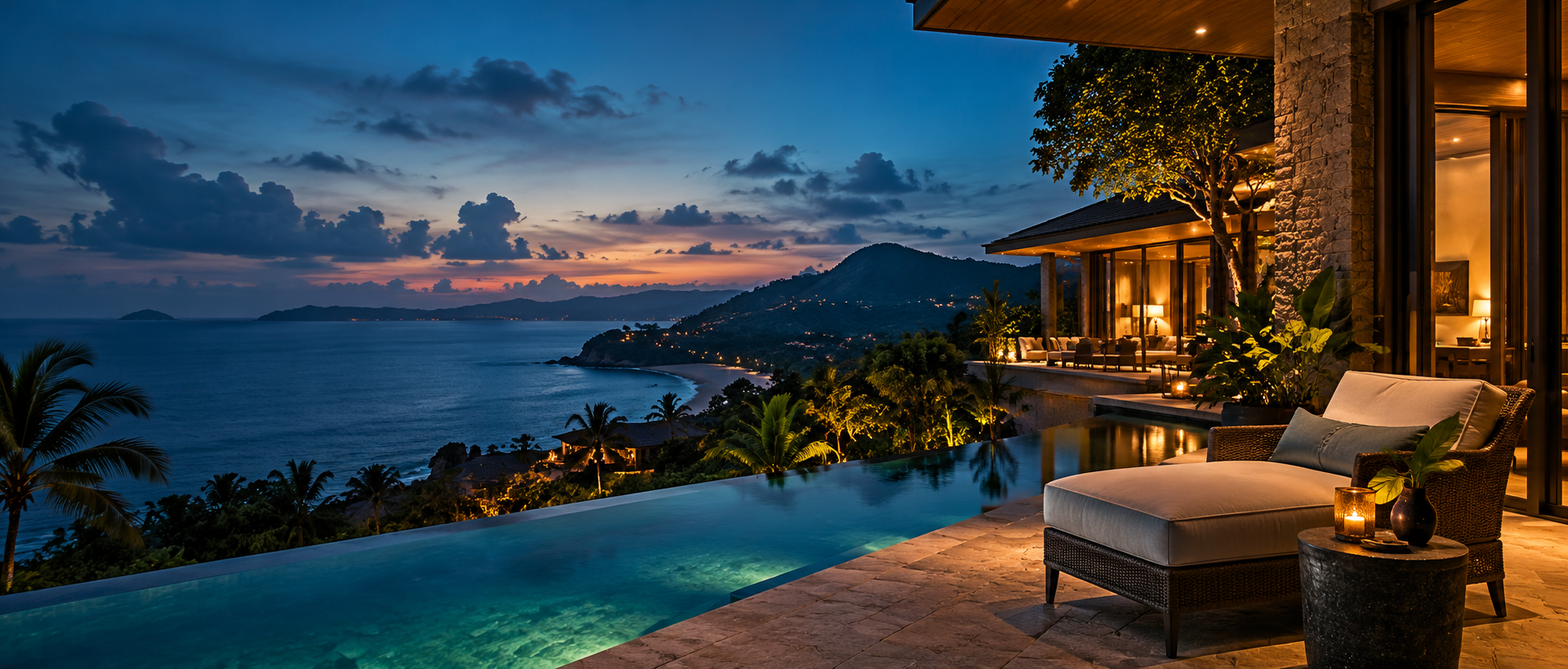 Luxury hotel terrace overlooking a tropical coastline at blue hour